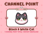 Cute black and white cat channel point icon with green eyes for Twitch.