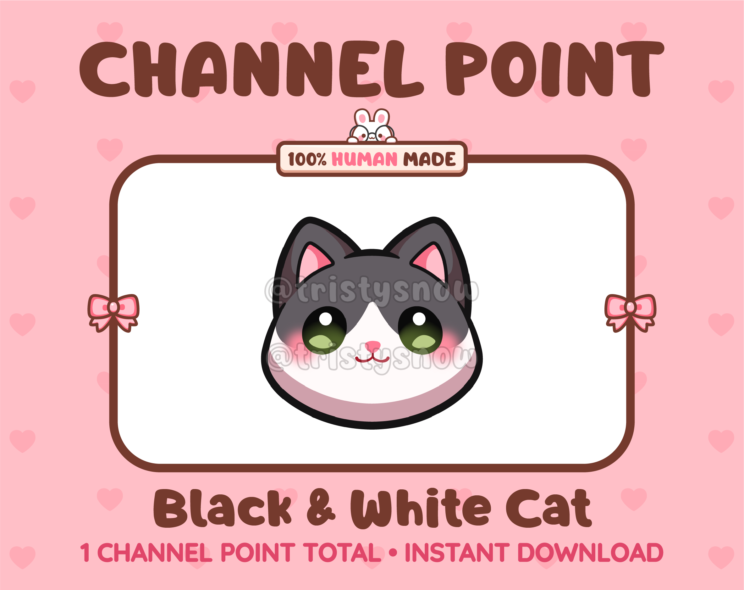 Cute black and white cat channel point icon with green eyes for Twitch.