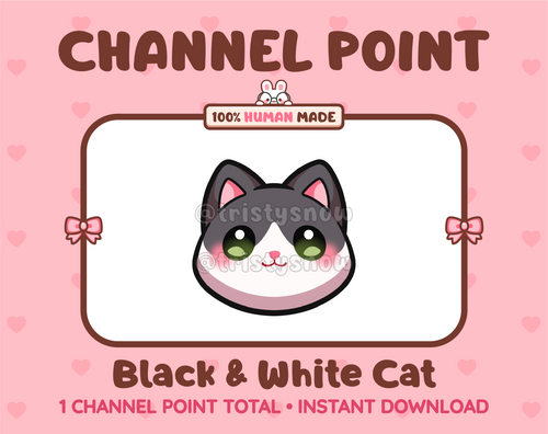 Cute black and white cat channel point icon with green eyes for Twitch.
