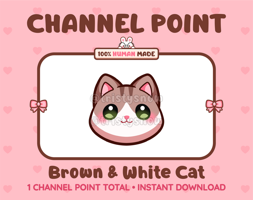 Cute brown and white cat channel point icon with green eyes for Twitch.