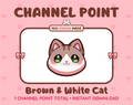 Cute brown and white cat channel point icon with green eyes for Twitch.