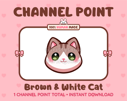 Cute brown and white cat channel point icon with green eyes for Twitch.