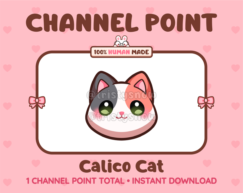 Cute calico cat channel point icon with green eyes for Twitch.