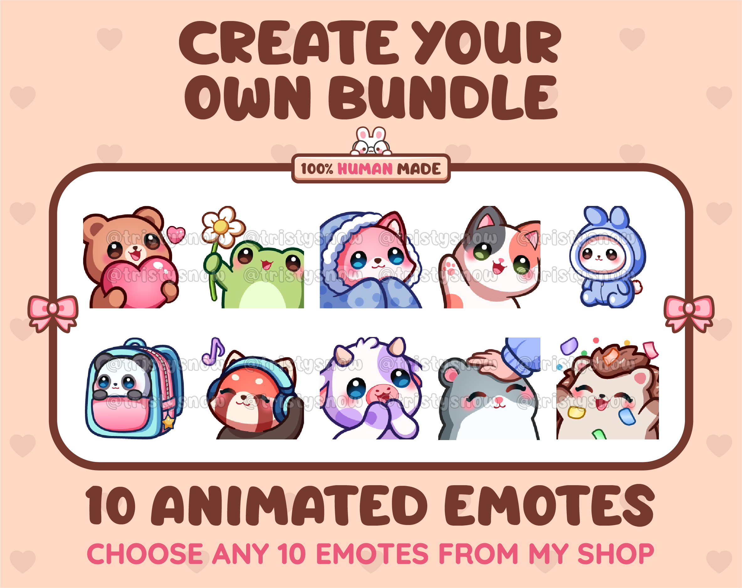 Create your own bundle listing preview displaying 10 sample emotes.