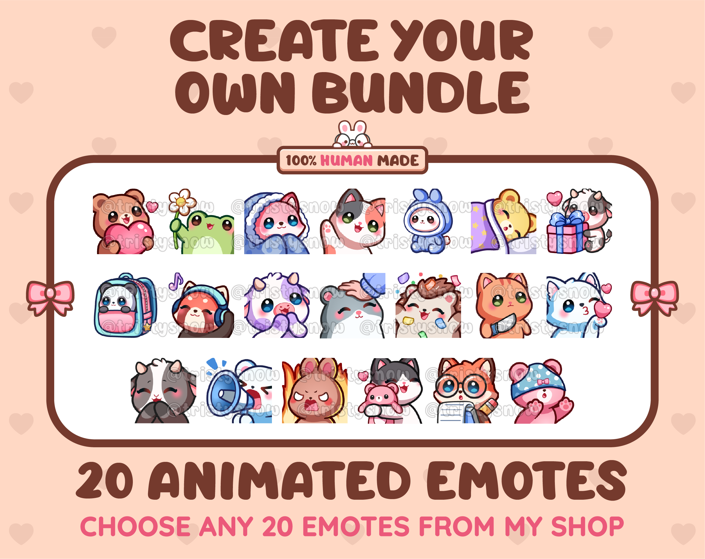 Create your own bundle listing preview displaying 20 sample emotes.