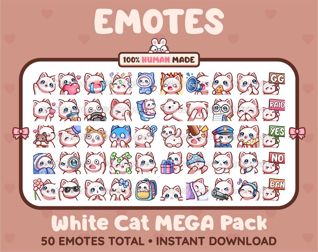 White Cat Twitch emote mega pack featuring 50 emotes including hype, kiss, raid, and lurk.