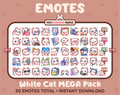 White Cat Twitch emote mega pack featuring 50 emotes including hype, kiss, raid, and lurk.