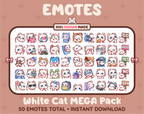White Cat Twitch emote mega pack featuring 50 emotes including hype, kiss, raid, and lurk.
