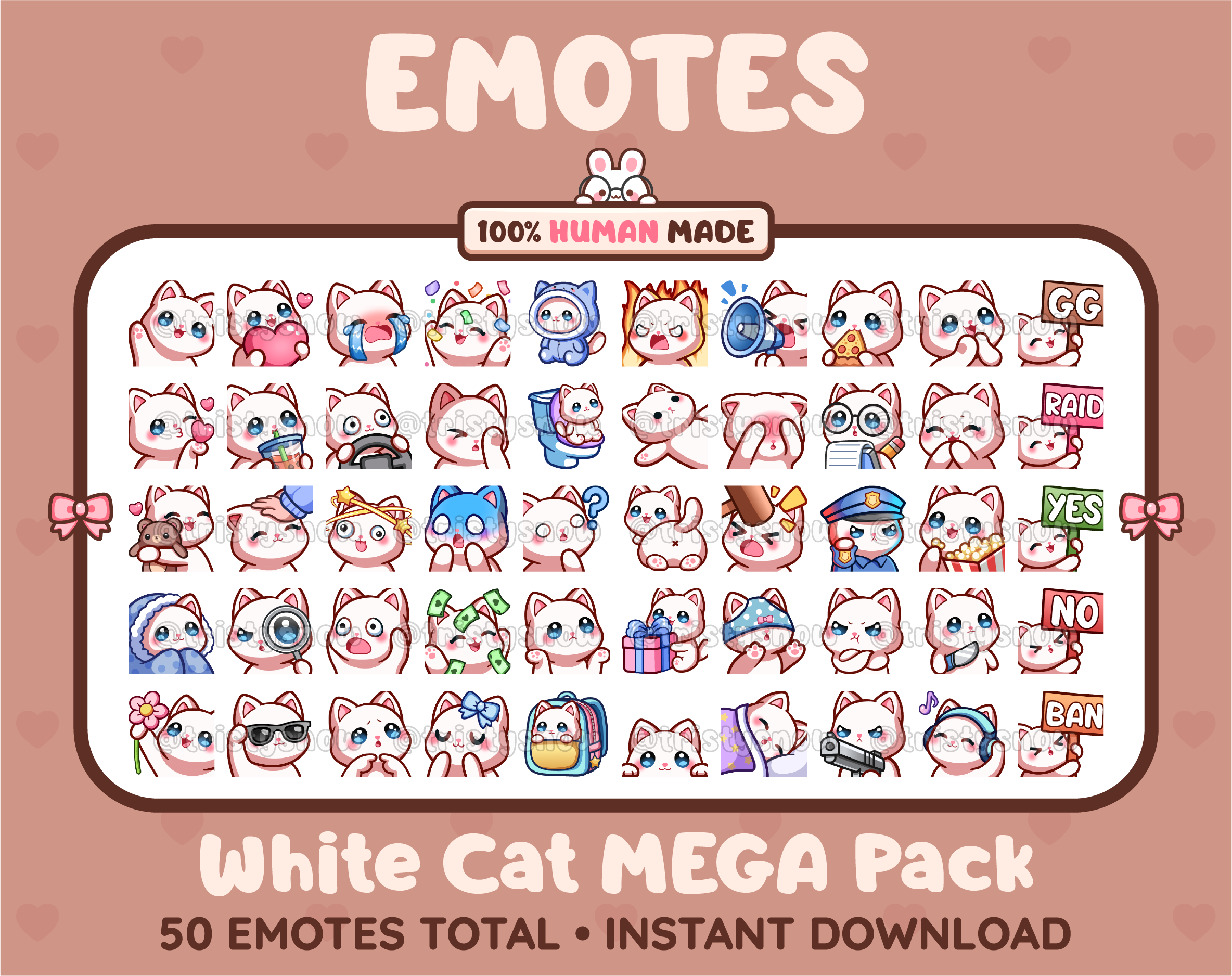 White Cat Twitch emote mega pack featuring 50 emotes including hype, kiss, raid, and lurk.