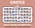 Black and White Cat Twitch emote mega pack featuring 50 emotes including hype, kiss, raid, and lurk.
