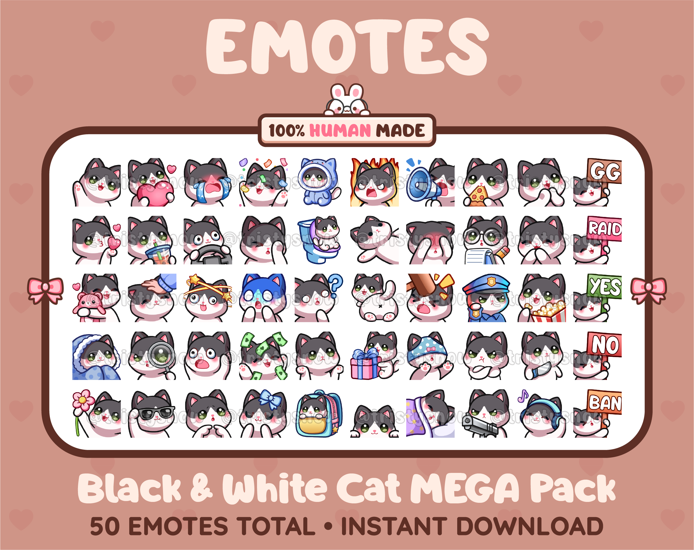 Black and White Cat Twitch emote mega pack featuring 50 emotes including hype, kiss, raid, and lurk.