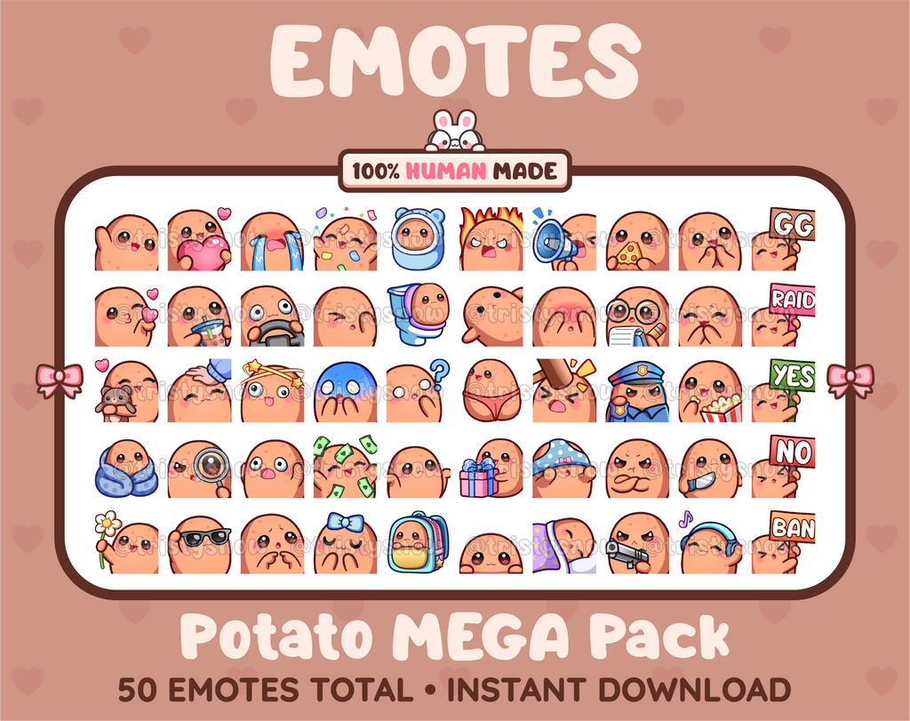 Potato Twitch emote mega pack featuring 50 emotes including hype, kiss, raid, and lurk.