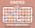 Potato Twitch emote mega pack featuring 50 emotes including hype, kiss, raid, and lurk.