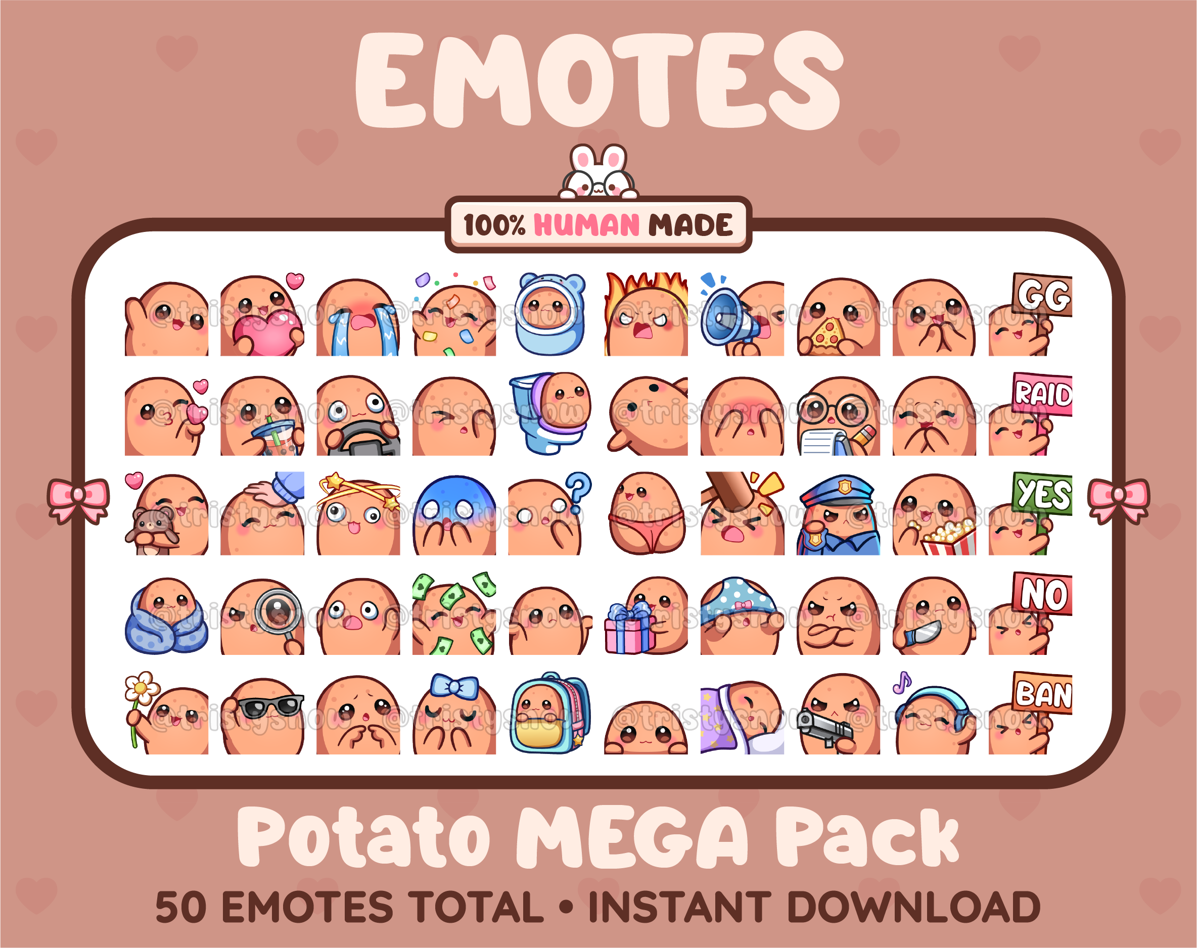 Potato Twitch emote mega pack featuring 50 emotes including hype, kiss, raid, and lurk.