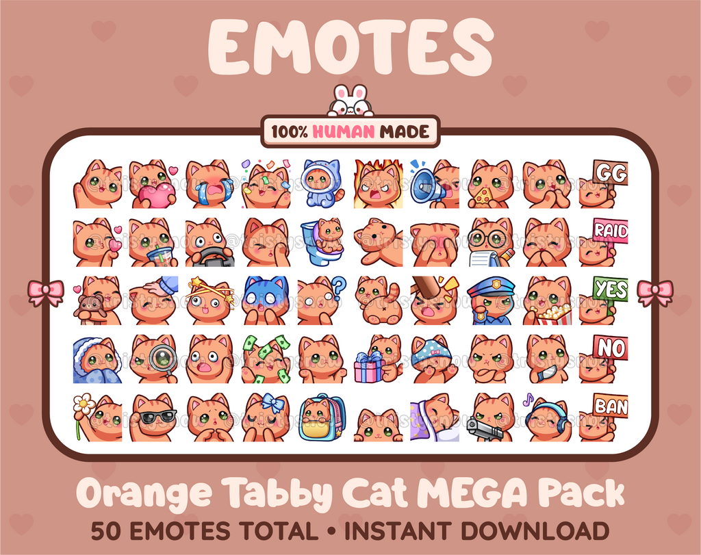 Orange Tabby Cat Twitch emote mega pack featuring 50 emotes including hype, kiss, raid, and lurk.
