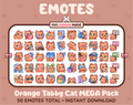 Orange Tabby Cat Twitch emote mega pack featuring 50 emotes including hype, kiss, raid, and lurk.