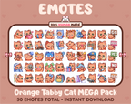 Orange Tabby Cat Twitch emote mega pack featuring 50 emotes including hype, kiss, raid, and lurk.
