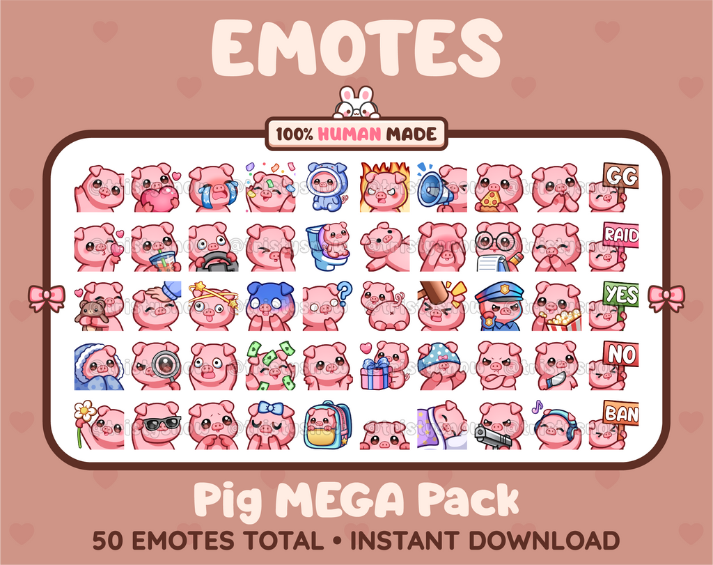 Pig Twitch emote mega pack featuring 50 emotes including hype, kiss, raid, and lurk.