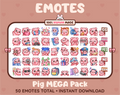Pig Twitch emote mega pack featuring 50 emotes including hype, kiss, raid, and lurk.