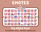 Pig Twitch emote mega pack featuring 50 emotes including hype, kiss, raid, and lurk.