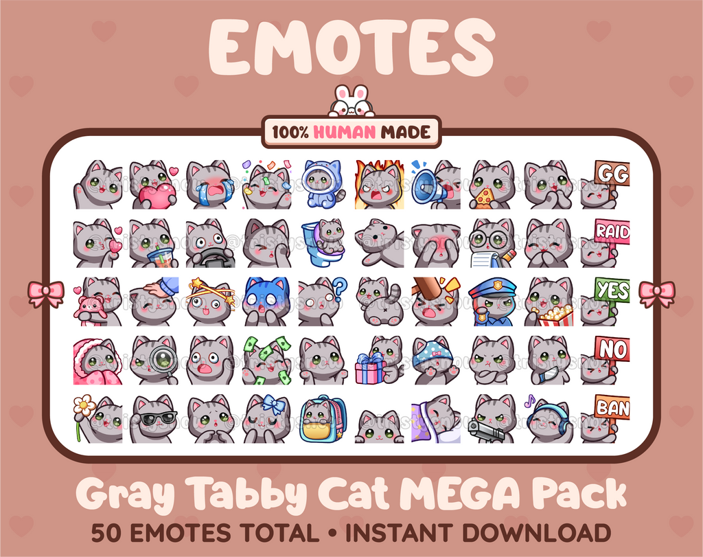 Gray Tabby Cat Twitch emote mega pack featuring 50 emotes including hype, kiss, raid, and lurk.