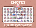 Gray Tabby Cat Twitch emote mega pack featuring 50 emotes including hype, kiss, raid, and lurk.