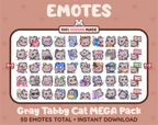 Gray Tabby Cat Twitch emote mega pack featuring 50 emotes including hype, kiss, raid, and lurk.