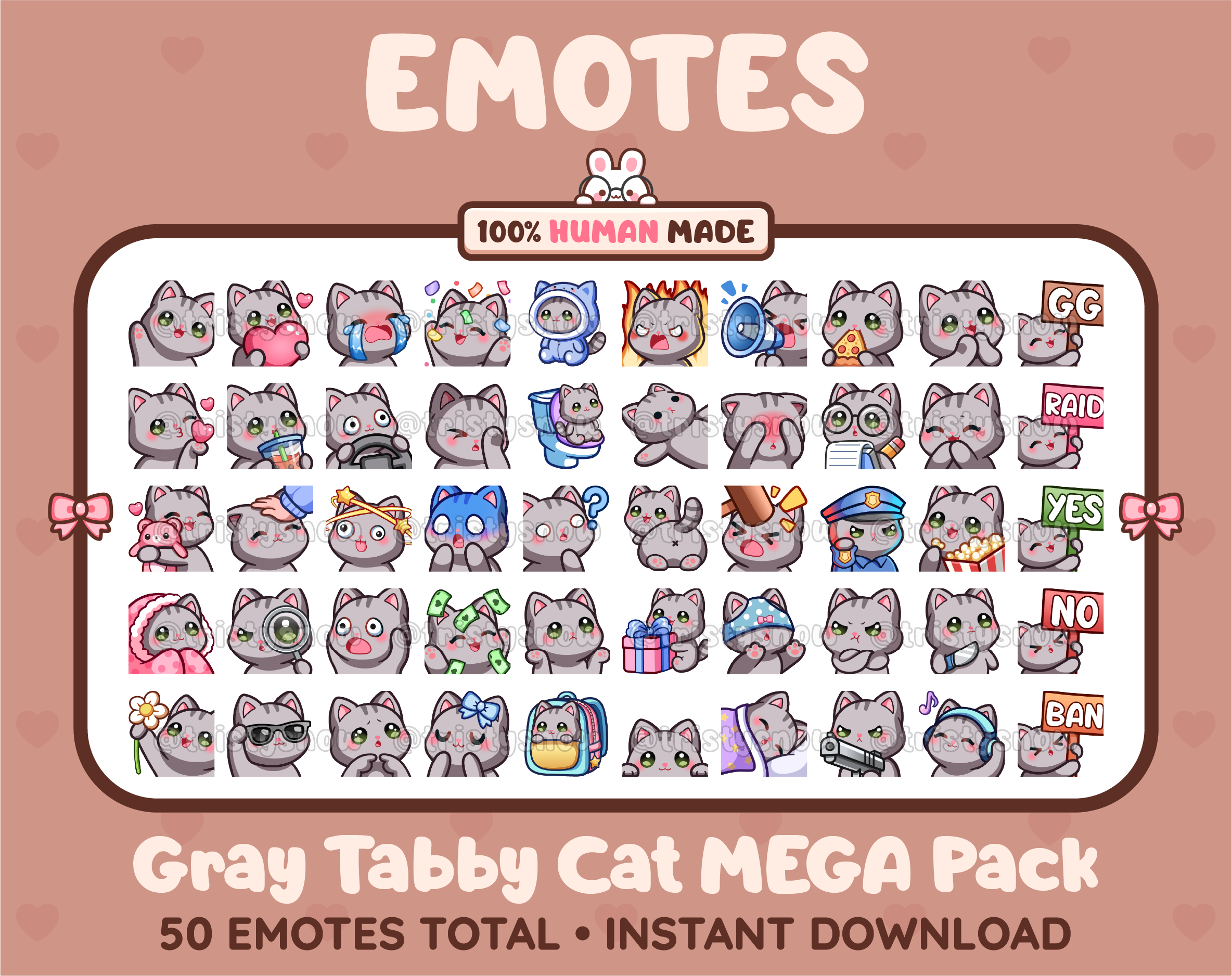 Gray Tabby Cat Twitch emote mega pack featuring 50 emotes including hype, kiss, raid, and lurk.