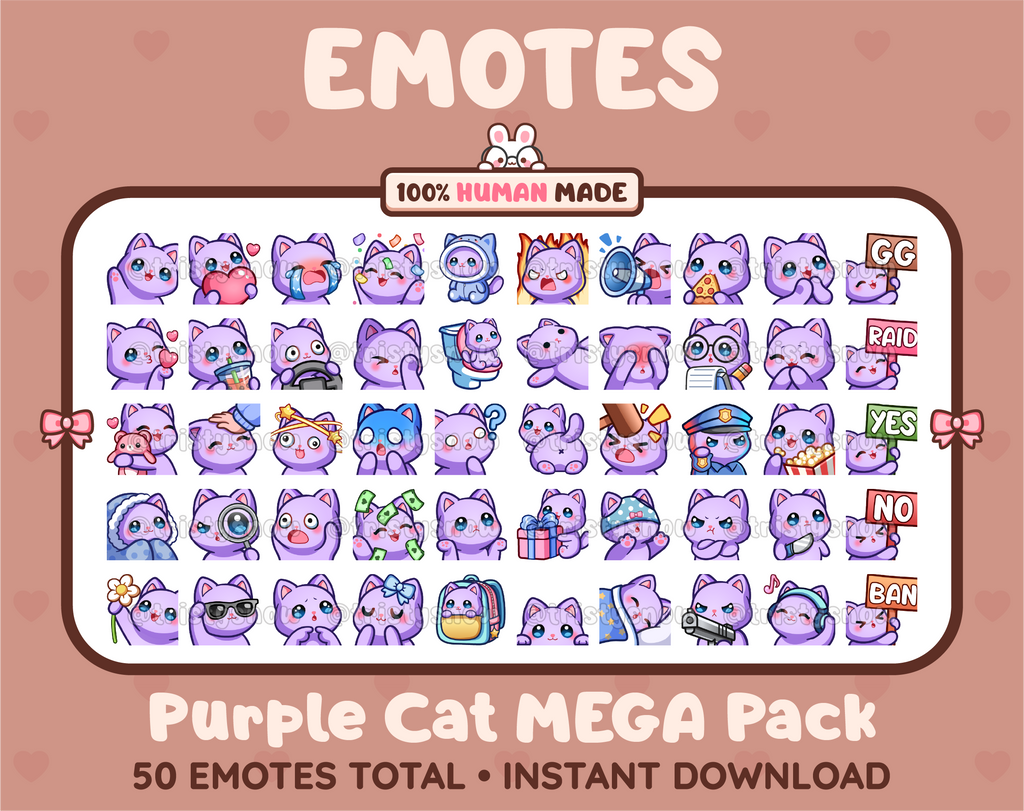 Purple Cat Twitch emote mega pack featuring 50 emotes including hype, kiss, raid, and lurk.