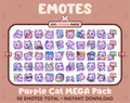 Purple Cat Twitch emote mega pack featuring 50 emotes including hype, kiss, raid, and lurk.