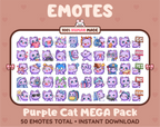 Purple Cat Twitch emote mega pack featuring 50 emotes including hype, kiss, raid, and lurk.