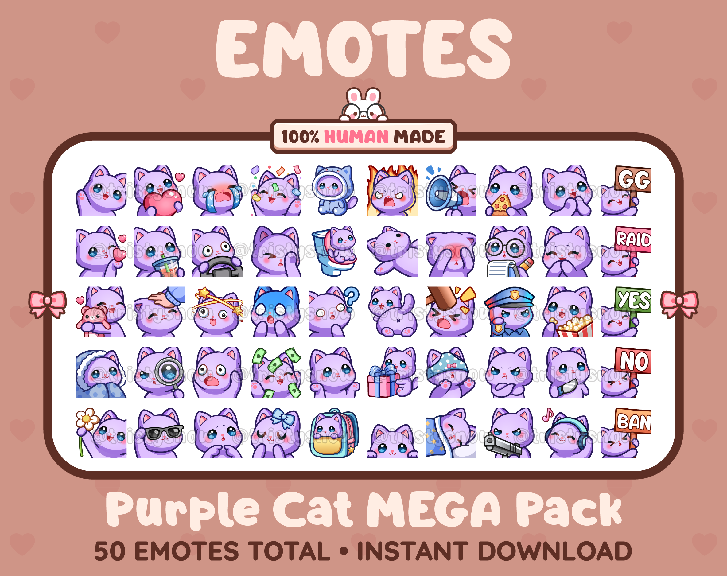 Purple Cat Twitch emote mega pack featuring 50 emotes including hype, kiss, raid, and lurk.