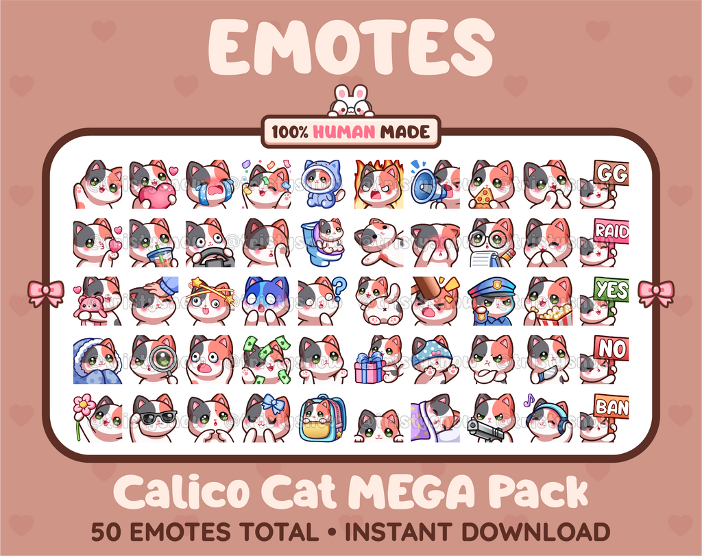 Calico Cat Twitch emote mega pack featuring 50 emotes including hype, kiss, raid, and lurk.