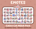 Calico Cat Twitch emote mega pack featuring 50 emotes including hype, kiss, raid, and lurk.