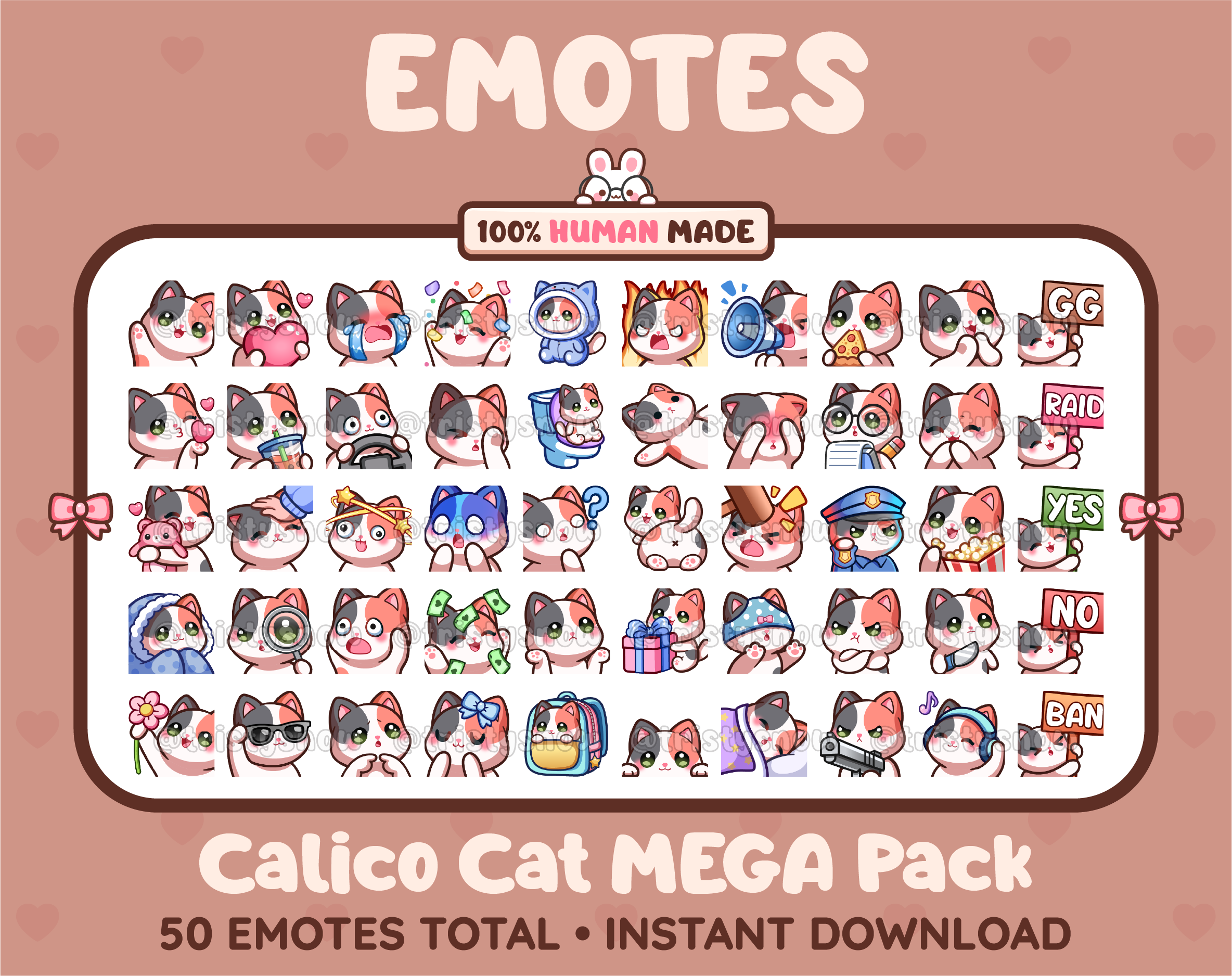 Calico Cat Twitch emote mega pack featuring 50 emotes including hype, kiss, raid, and lurk.