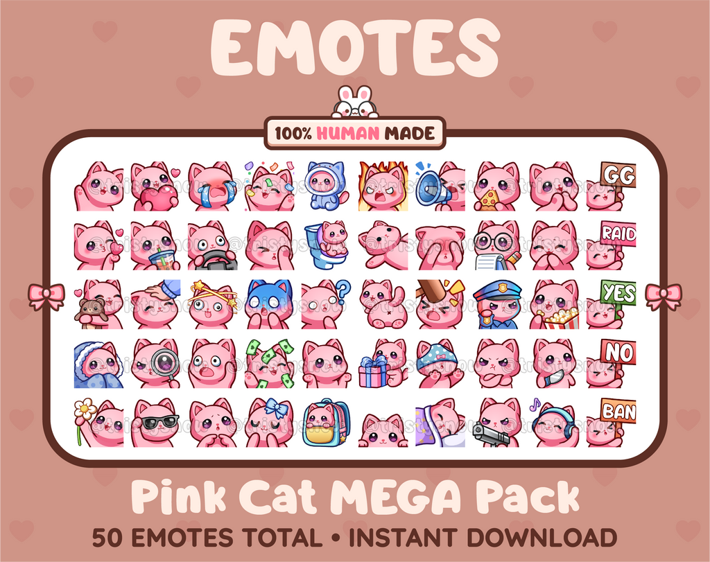 Pink Cat Twitch emote mega pack featuring 50 emotes including hype, kiss, raid, and lurk.