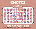 Pink Cat Twitch emote mega pack featuring 50 emotes including hype, kiss, raid, and lurk.