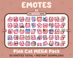 Pink Cat Twitch emote mega pack featuring 50 emotes including hype, kiss, raid, and lurk.