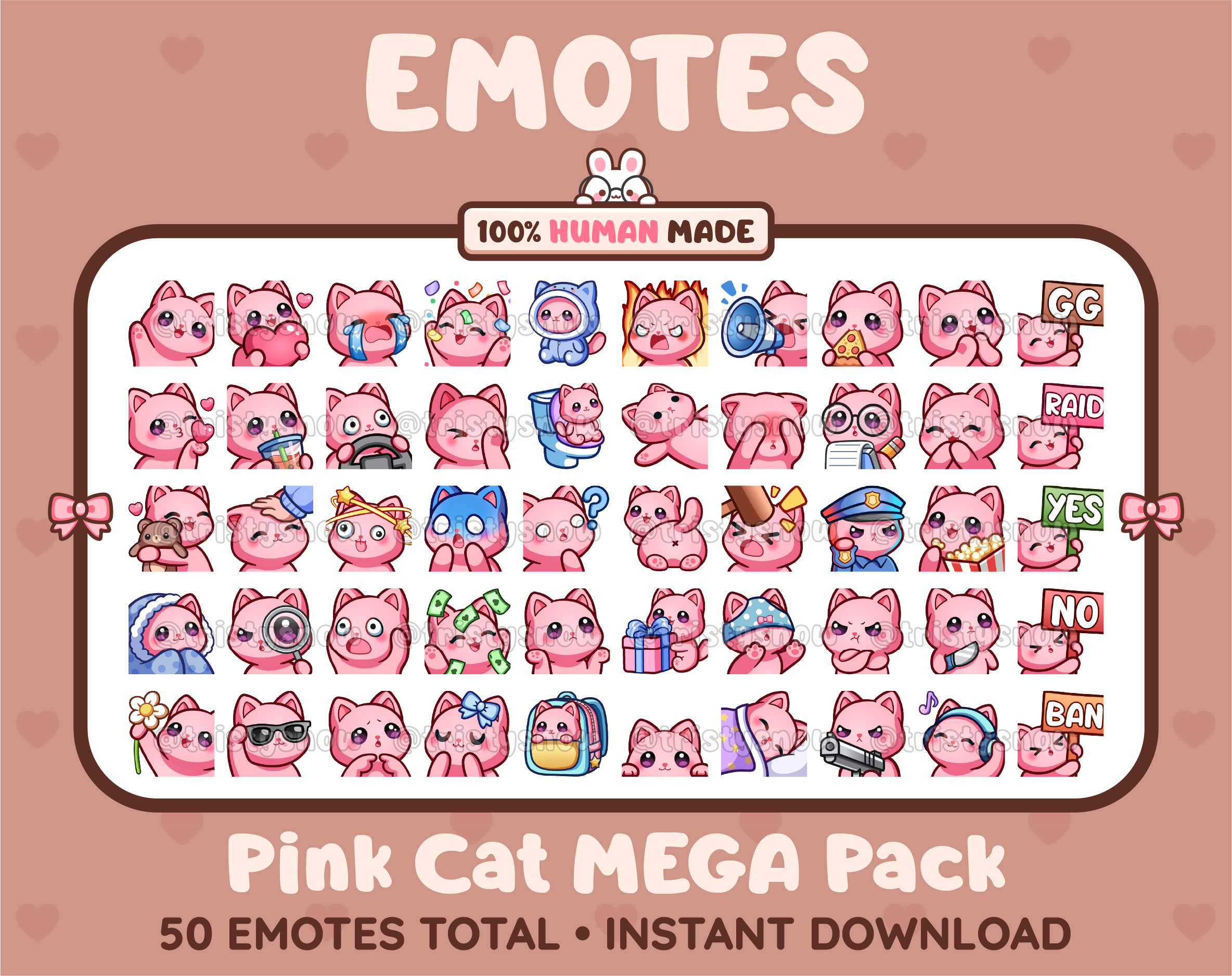 Pink Cat Twitch emote mega pack featuring 50 emotes including hype, kiss, raid, and lurk.