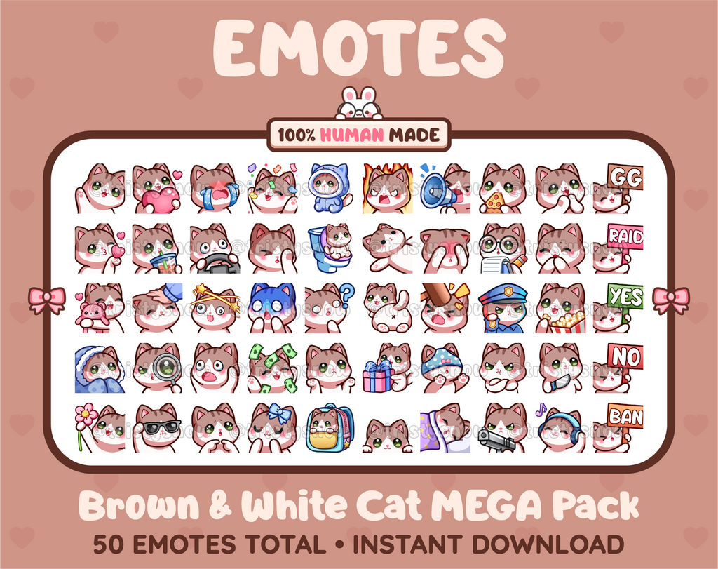 Brown and White Cat Twitch emote mega pack featuring 50 emotes including hype, kiss, raid, and lurk.
