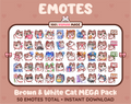 Brown and White Cat Twitch emote mega pack featuring 50 emotes including hype, kiss, raid, and lurk.