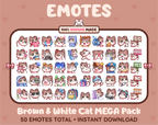 Brown and White Cat Twitch emote mega pack featuring 50 emotes including hype, kiss, raid, and lurk.