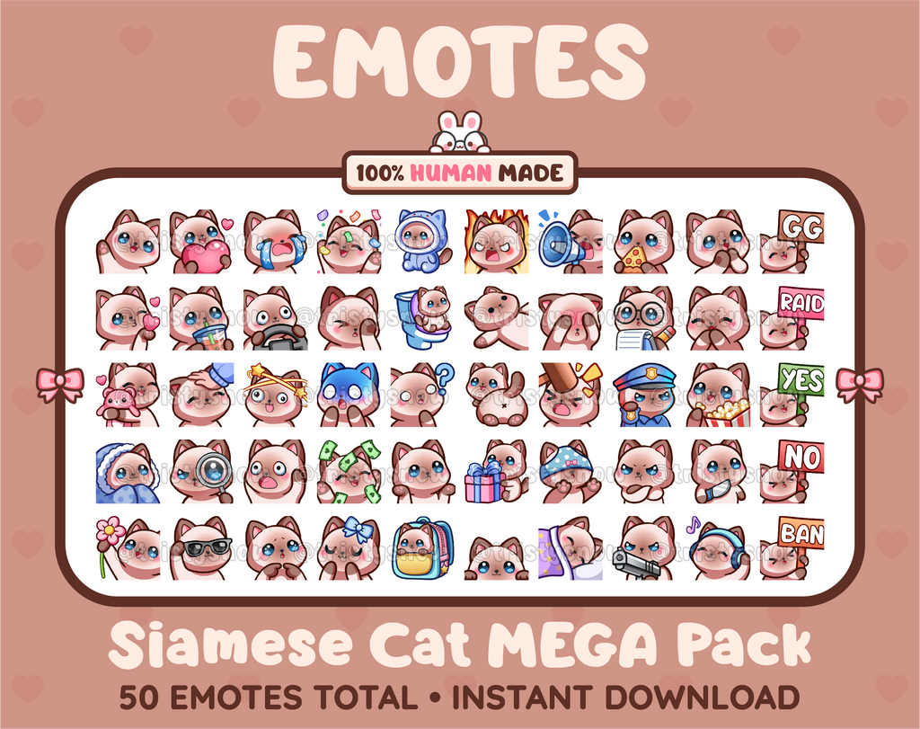 Siamese Cat Twitch emote mega pack featuring 50 emotes including hype, kiss, raid, and lurk.