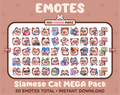 Siamese Cat Twitch emote mega pack featuring 50 emotes including hype, kiss, raid, and lurk.