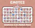 Siamese Cat Twitch emote mega pack featuring 50 emotes including hype, kiss, raid, and lurk.