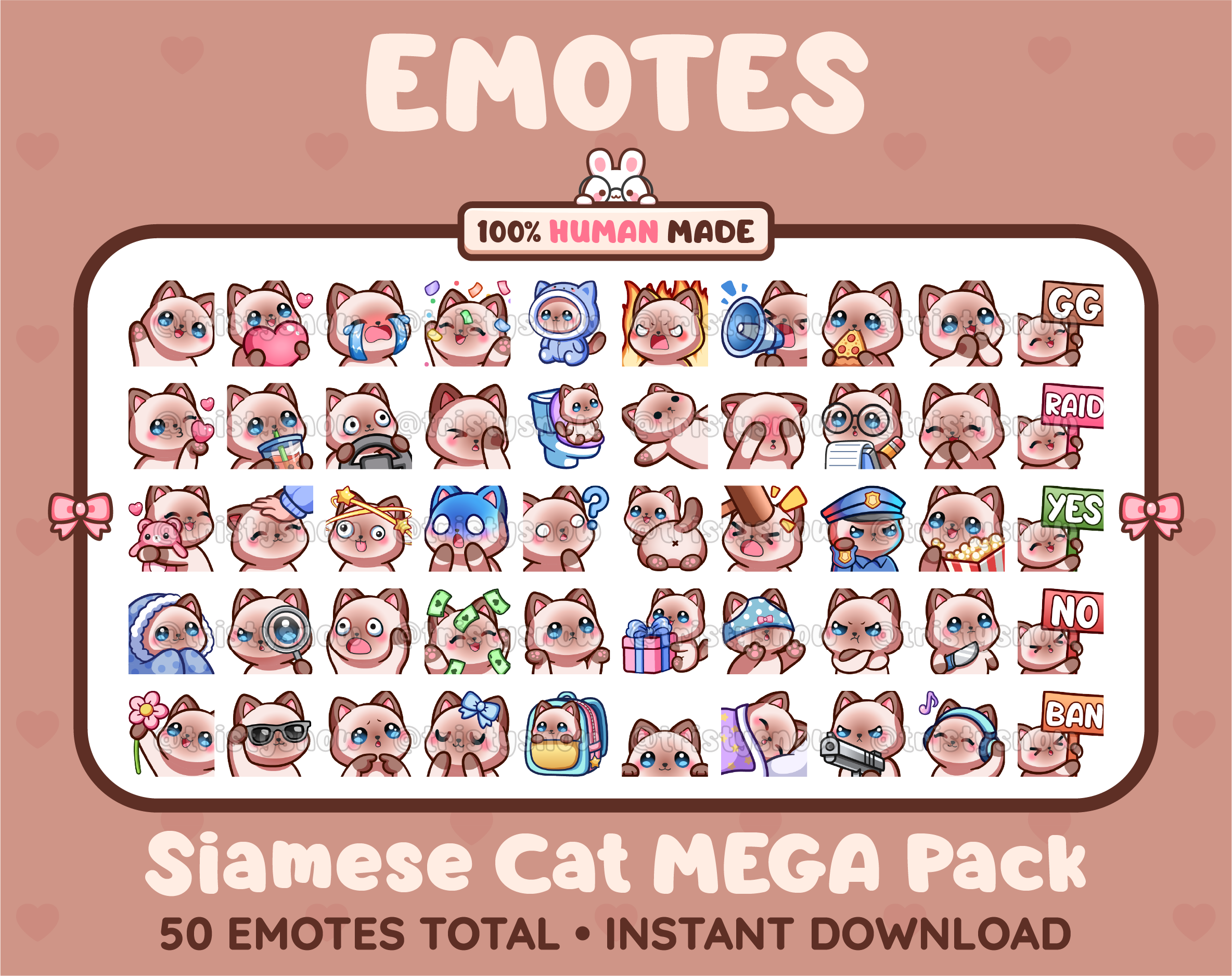 Siamese Cat Twitch emote mega pack featuring 50 emotes including hype, kiss, raid, and lurk.