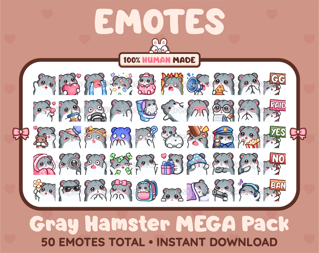 Gray Hamster Twitch emote mega pack featuring 50 emotes including hype, kiss, raid, and lurk.