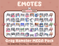 Gray Hamster Twitch emote mega pack featuring 50 emotes including hype, kiss, raid, and lurk.