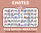 Gray Hamster Twitch emote mega pack featuring 50 emotes including hype, kiss, raid, and lurk.