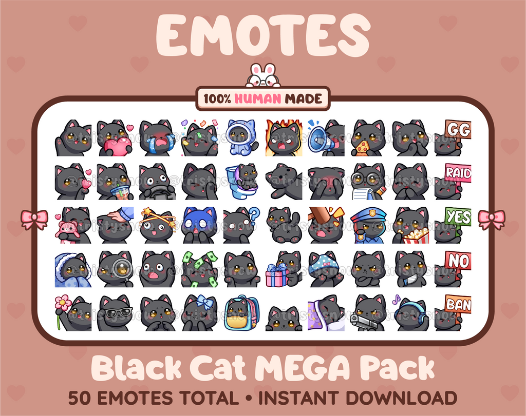 Black Cat Twitch emote mega pack featuring 50 emotes including hype, kiss, raid, and lurk.